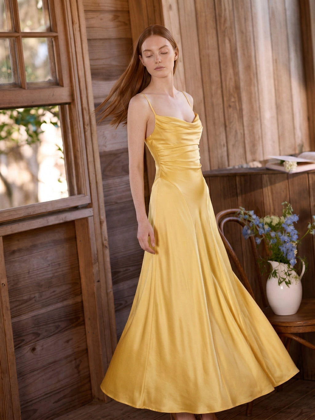 Daffodil Satin A-Line Cowl Neck Lace-up Floor-Length Bridesmaid Dress with Pleats - Curvevia