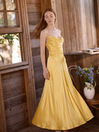 Daffodil Satin A-Line Cowl Neck Lace-up Floor-Length Bridesmaid Dress with Pleats - Curvevia