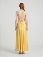 Daffodil Satin A-Line Cowl Neck Lace-up Floor-Length Bridesmaid Dress with Pleats - Curvevia
