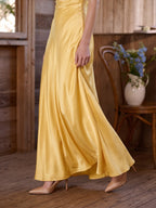 Daffodil Satin A-Line Cowl Neck Lace-up Floor-Length Bridesmaid Dress with Pleats - Curvevia