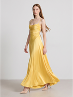Daffodil Satin A-Line Cowl Neck Lace-up Floor-Length Bridesmaid Dress with Pleats - Curvevia