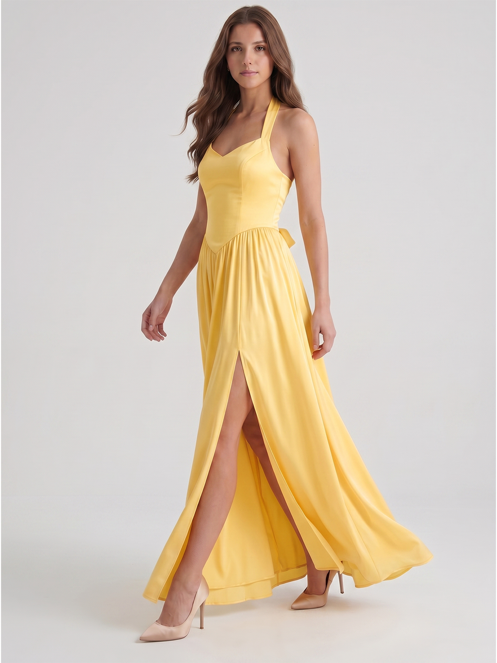Daffodil Satin A-Line Halter Criss-Cross Floor-Length Bridesmaid Dress with Pleats - Curvevia