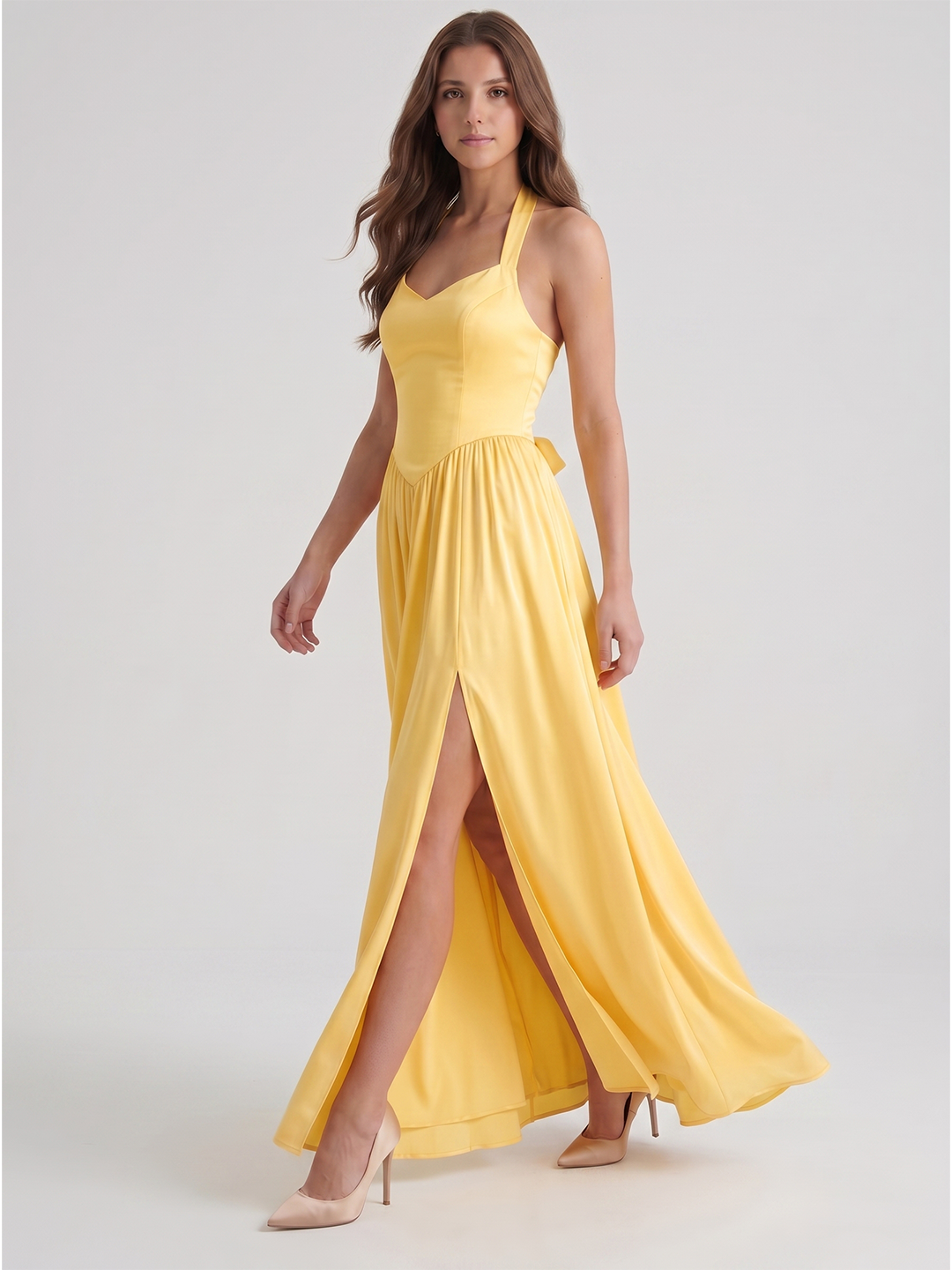 Daffodil Satin A-Line Halter Criss-Cross Floor-Length Bridesmaid Dress with Pleats - Curvevia