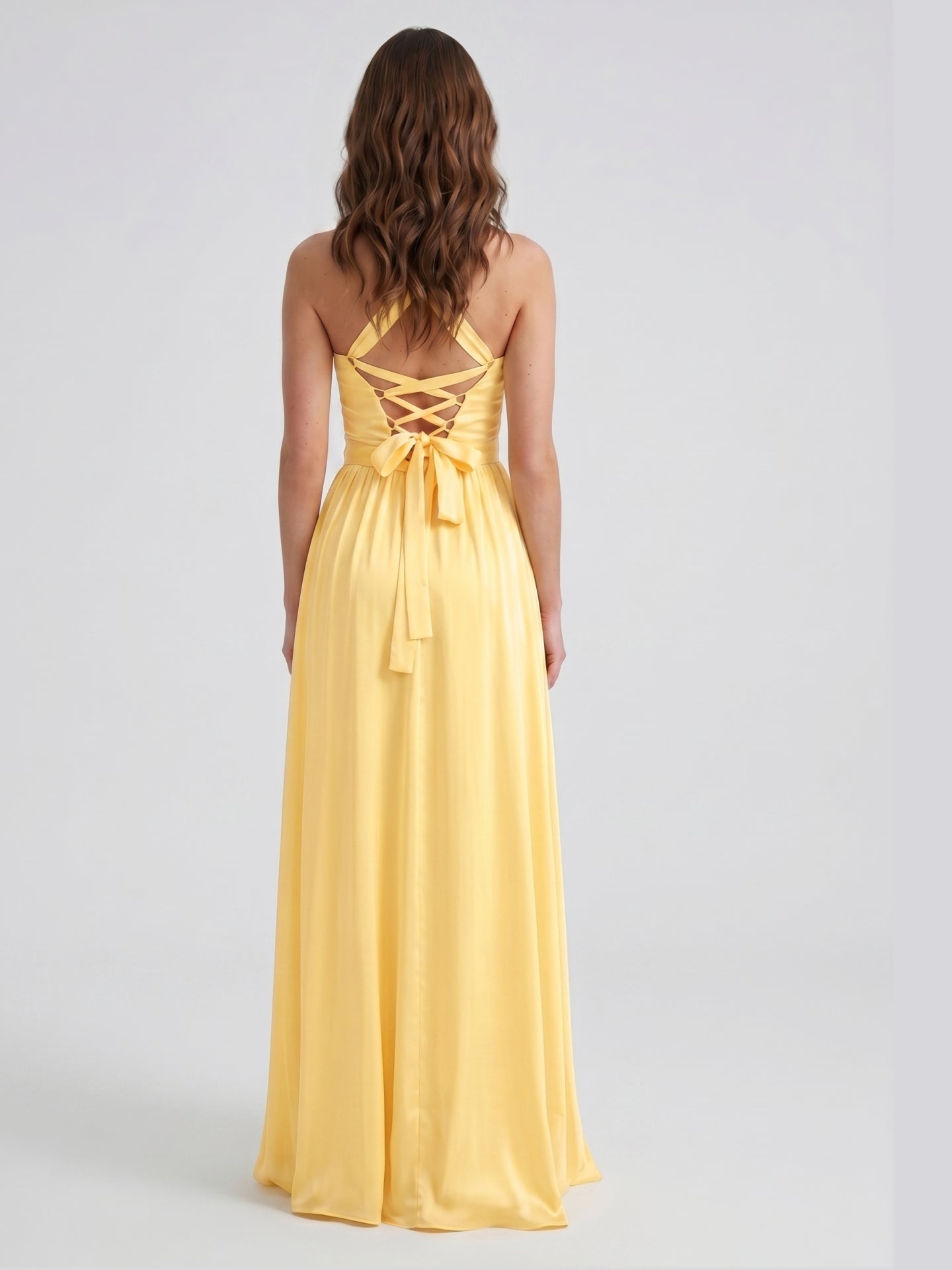 Daffodil Satin A-Line Halter Criss-Cross Floor-Length Bridesmaid Dress with Pleats - Curvevia