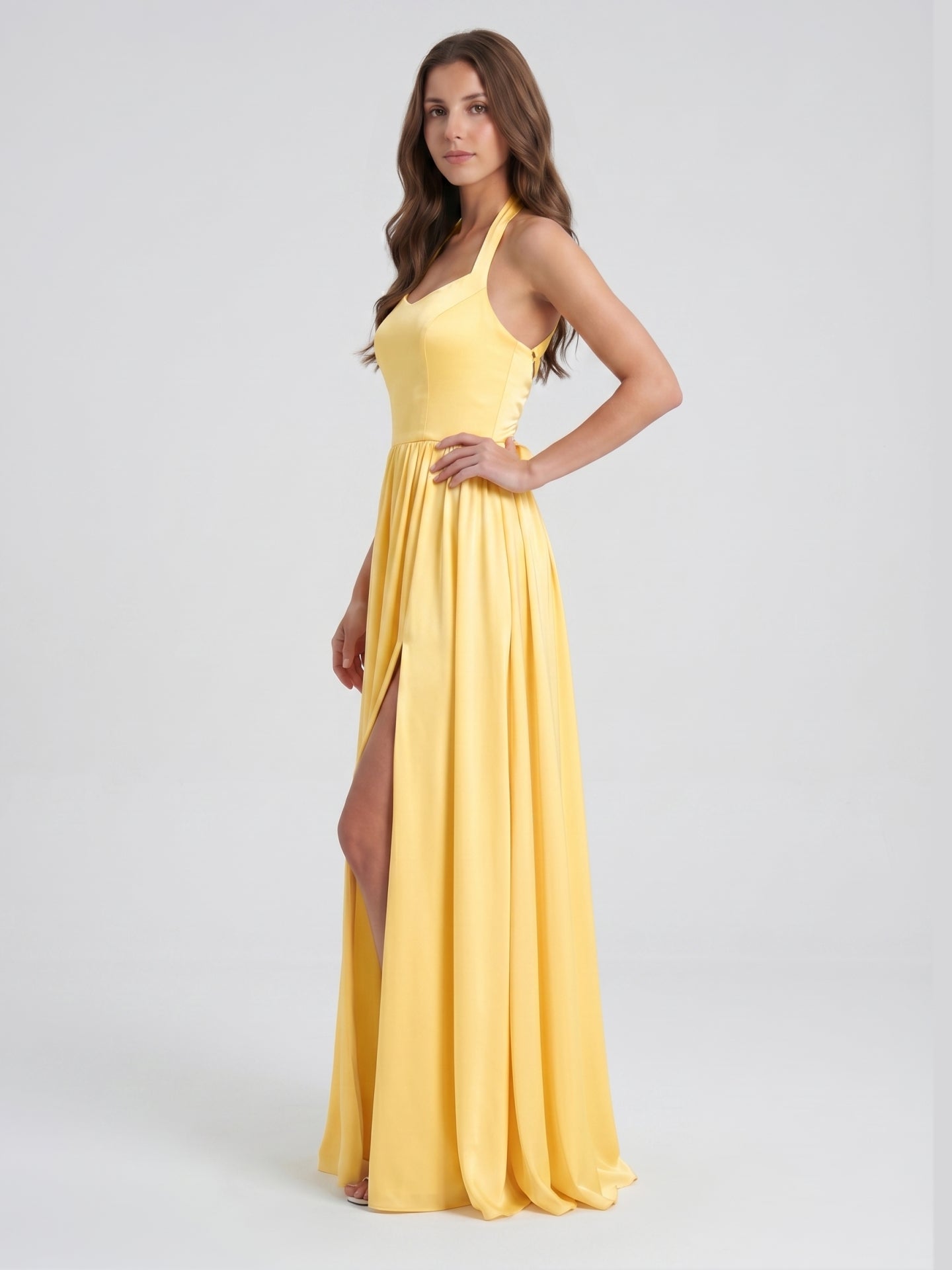 Daffodil Satin A-Line Halter Criss-Cross Floor-Length Bridesmaid Dress with Pleats - Curvevia