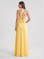 Daffodil Satin A-Line Halter Criss-Cross Floor-Length Bridesmaid Dress with Pleats - Curvevia