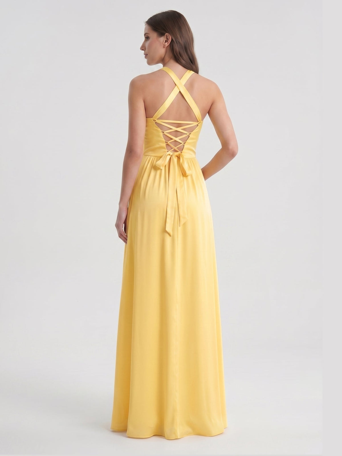 Daffodil Satin A-Line Halter Criss-Cross Floor-Length Bridesmaid Dress with Pleats - Curvevia