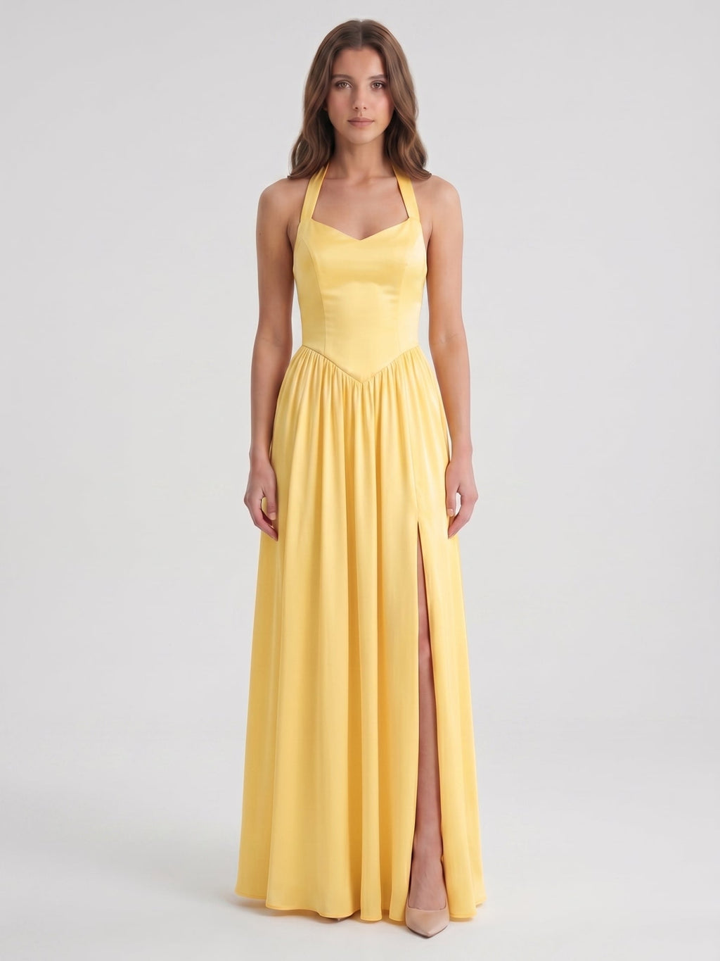 Daffodil Satin A-Line Halter Criss-Cross Floor-Length Bridesmaid Dress with Pleats - Curvevia