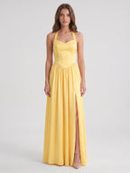 Daffodil Satin A-Line Halter Criss-Cross Floor-Length Bridesmaid Dress with Pleats - Curvevia