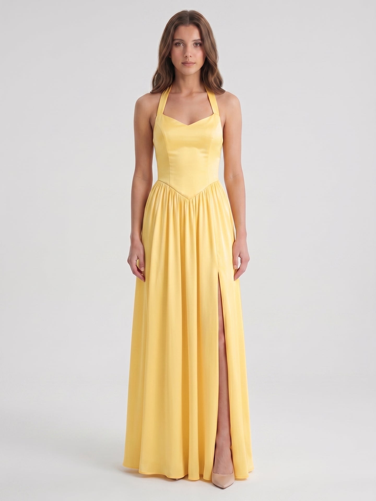 Daffodil Satin A-Line Halter Criss-Cross Floor-Length Bridesmaid Dress with Pleats - Curvevia