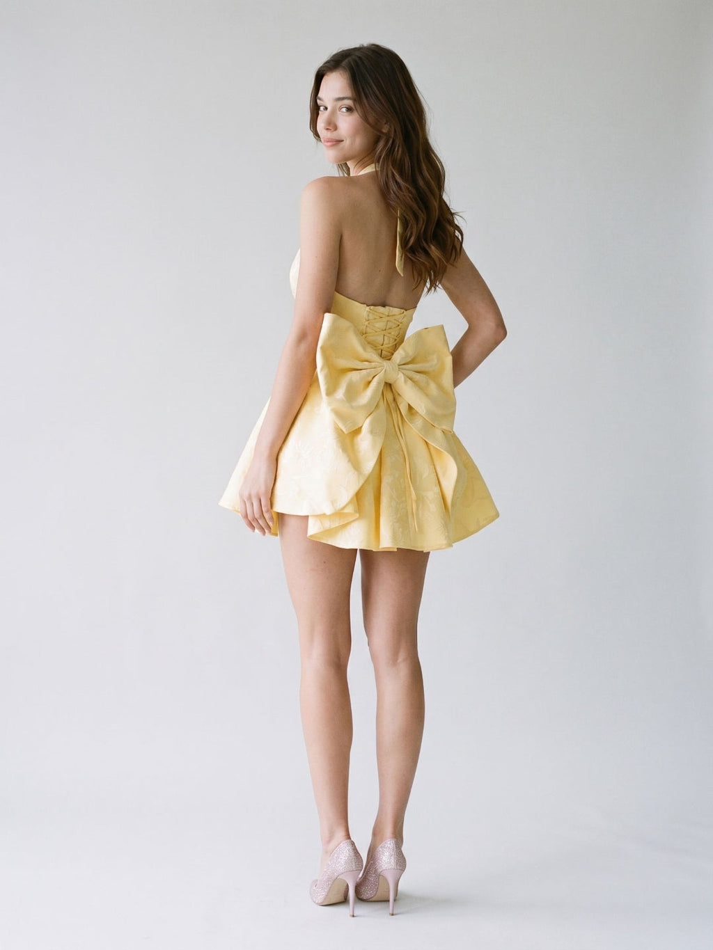 Daffodil Satin A-Line Halter Neckline Backless Short Homecoming Dress with Bow - Curvevia