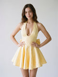 Daffodil Satin A-Line Halter Neckline Backless Short Homecoming Dress with Bow - Curvevia