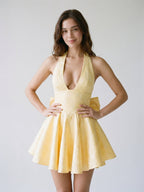 Daffodil Satin A-Line Halter Neckline Backless Short Homecoming Dress with Bow - Curvevia