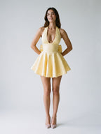 Daffodil Satin A-Line Halter Neckline Backless Short Homecoming Dress with Bow - Curvevia