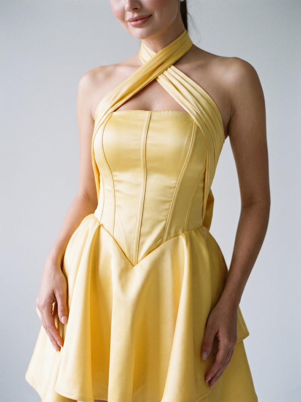 Daffodil Satin A-Line Halter Neckline Lace-Up Back Short Homecoming Dress with Bow - Curvevia
