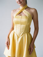 Daffodil Satin A-Line Halter Neckline Lace-Up Back Short Homecoming Dress with Bow - Curvevia
