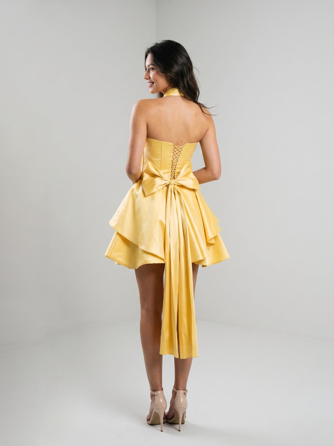 Daffodil Satin A-Line Halter Neckline Lace-Up Back Short Homecoming Dress with Bow - Curvevia
