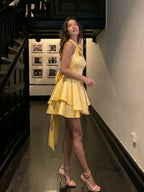 Daffodil Satin A-Line Halter Neckline Lace-Up Back Short Homecoming Dress with Bow - Curvevia