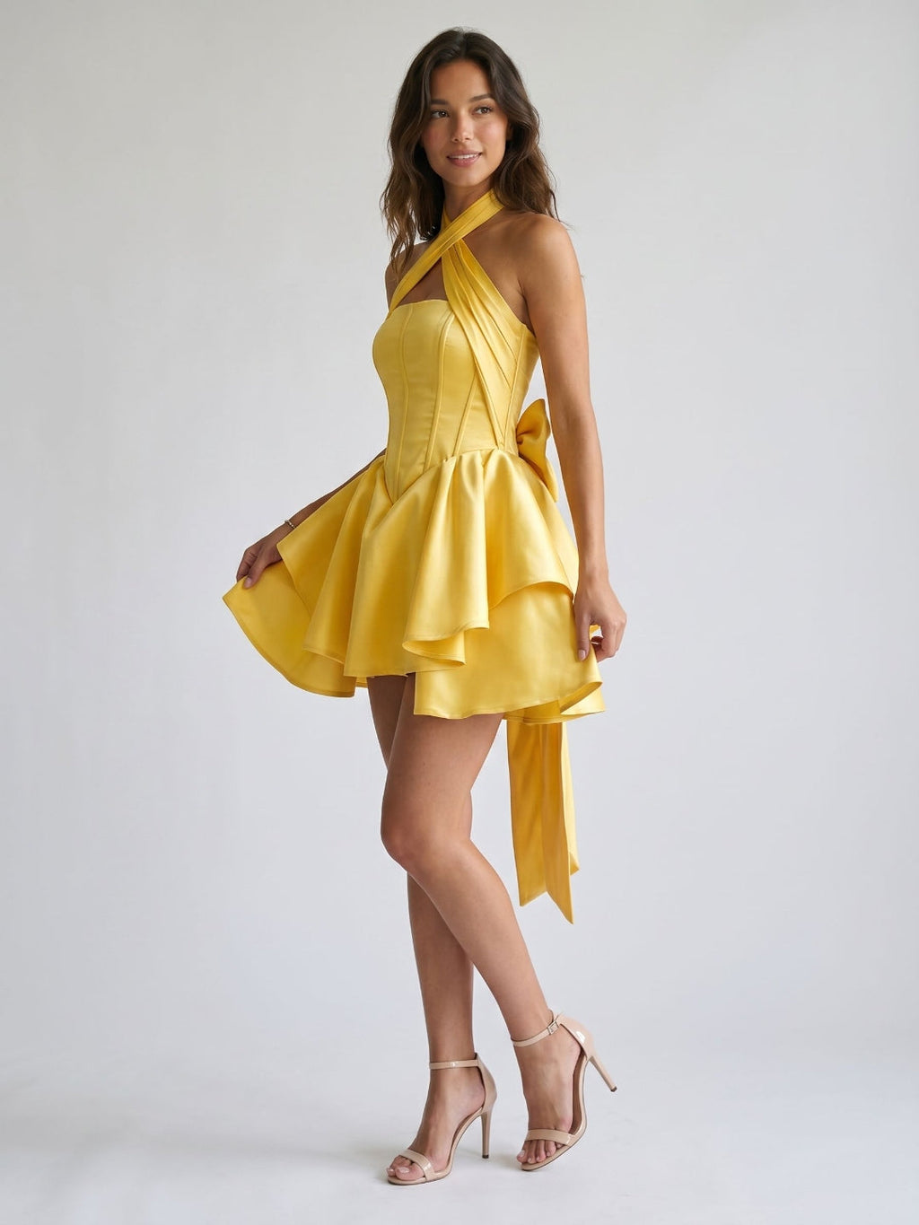 Daffodil Satin A-Line Halter Neckline Lace-Up Back Short Homecoming Dress with Bow - Curvevia