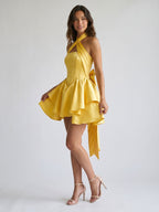 Daffodil Satin A-Line Halter Neckline Lace-Up Back Short Homecoming Dress with Bow - Curvevia