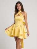 Daffodil Satin A-Line Halter Neckline Lace-Up Back Short Homecoming Dress with Bow - Curvevia
