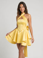 Daffodil Satin A-Line Halter Neckline Lace-Up Back Short Homecoming Dress with Bow - Curvevia