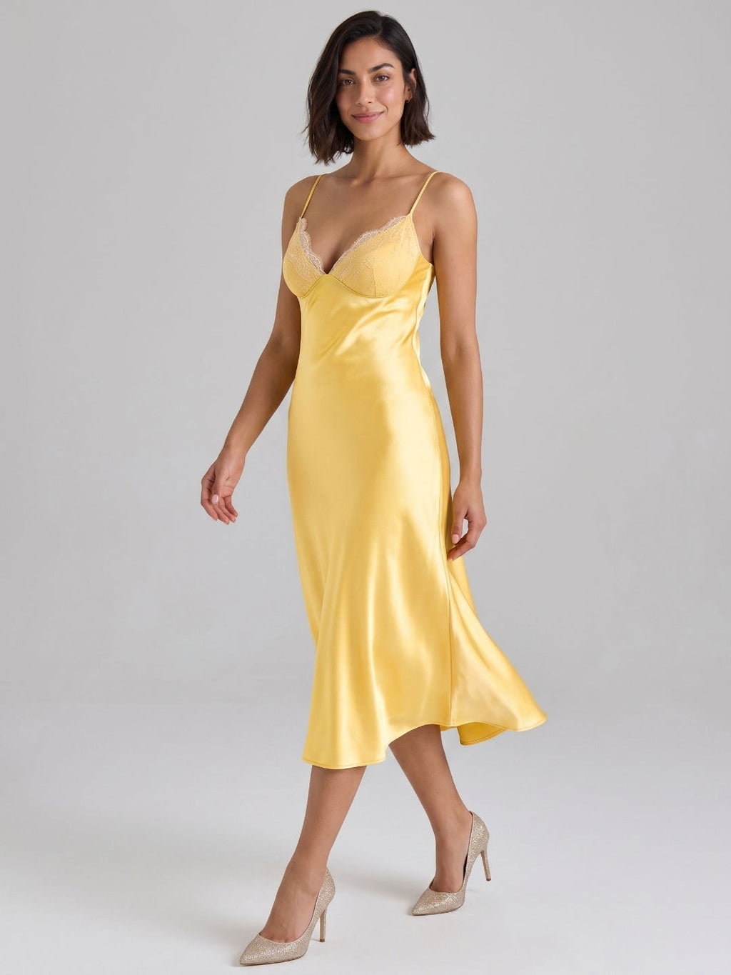 Daffodil Satin A-Line V-Neck Side Zip Tea-Length Dress - Curvevia