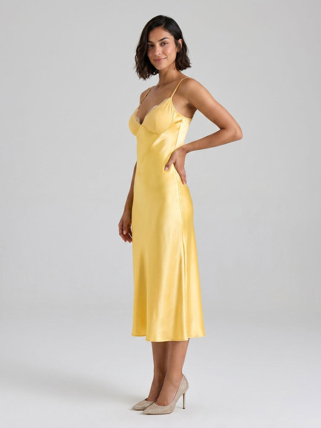 Daffodil Satin A-Line V-Neck Side Zip Tea-Length Dress - Curvevia