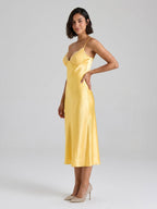 Daffodil Satin A-Line V-Neck Side Zip Tea-Length Dress - Curvevia