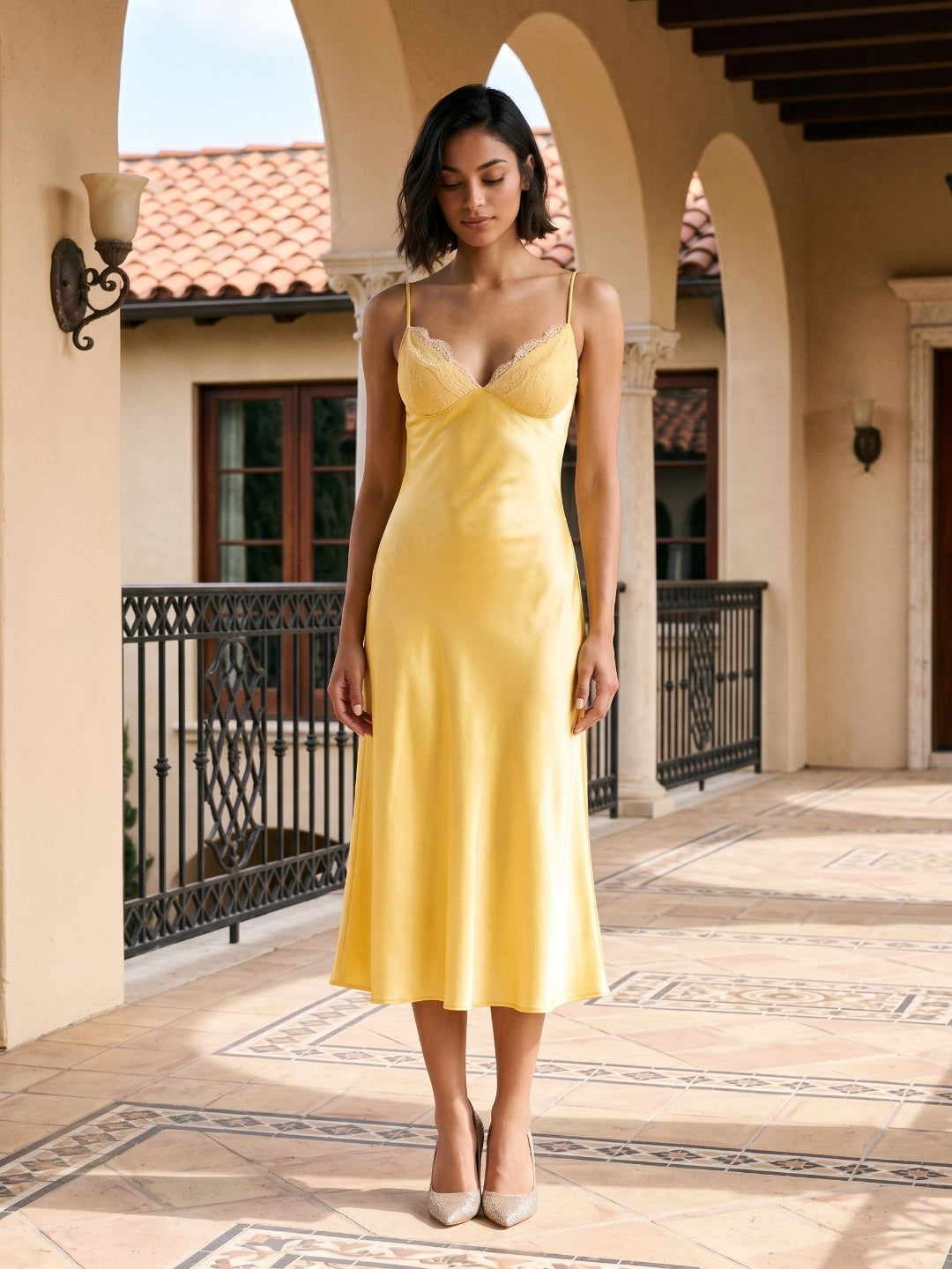 Daffodil Satin A-Line V-Neck Side Zip Tea-Length Dress - Curvevia