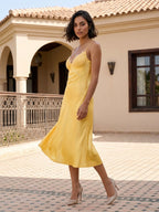 Daffodil Satin A-Line V-Neck Side Zip Tea-Length Dress - Curvevia