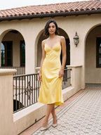 Daffodil Satin A-Line V-Neck Side Zip Tea-Length Dress - Curvevia