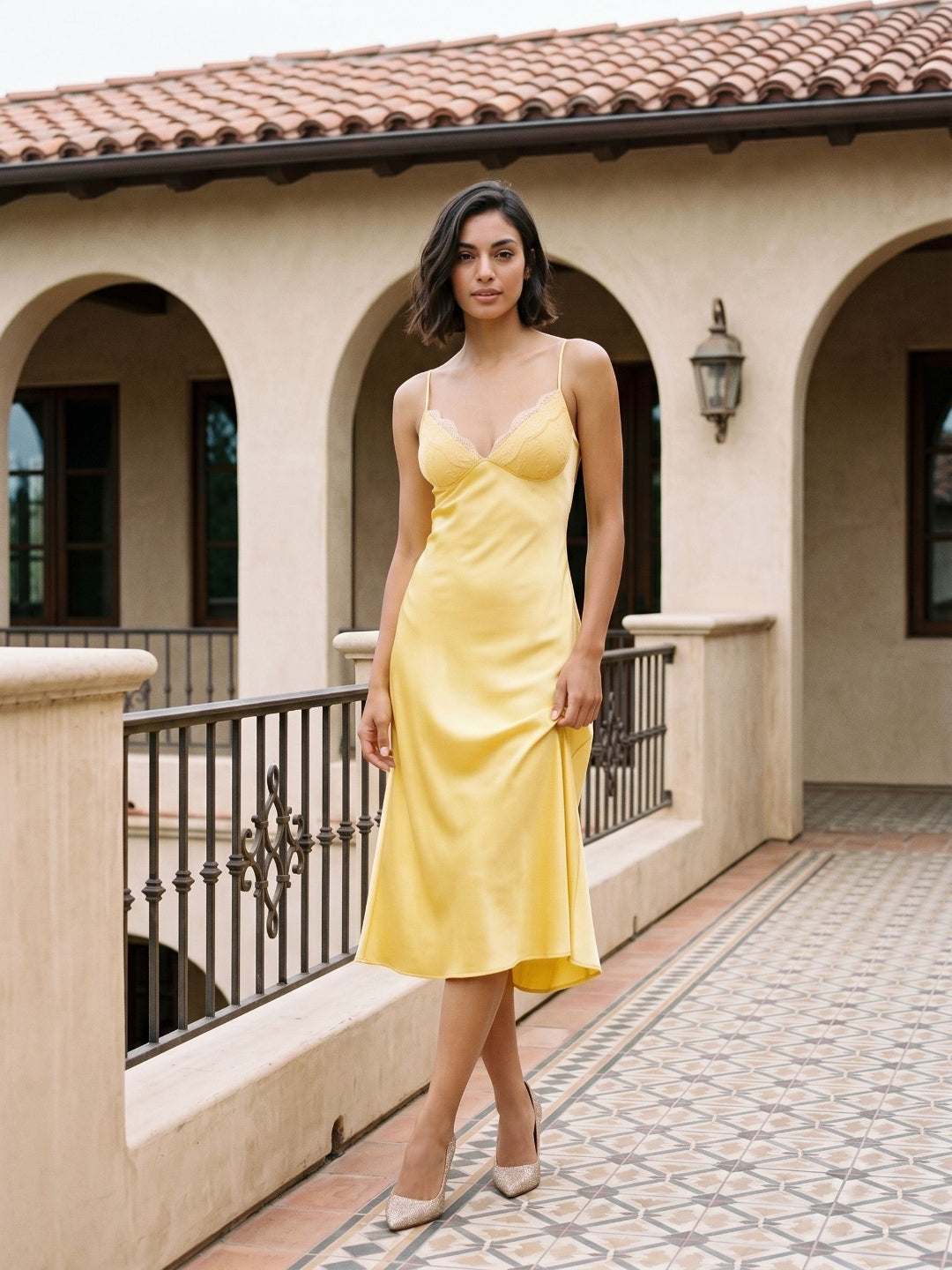 Daffodil Satin A-Line V-Neck Side Zip Tea-Length Dress - Curvevia