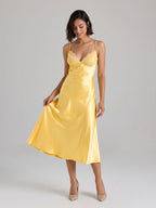 Daffodil Satin A-Line V-Neck Side Zip Tea-Length Dress - Curvevia