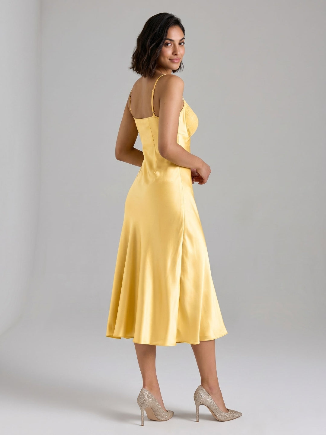 Daffodil Satin A-Line V-Neck Side Zip Tea-Length Dress - Curvevia