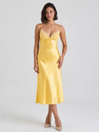 Daffodil Satin A-Line V-Neck Side Zip Tea-Length Dress - Curvevia