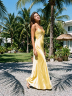 Daffodil Satin Sheath Sweetheart Back Zip Floor-Length Evening Dress - Curvevia