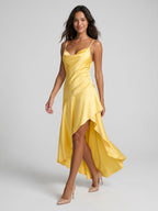Daffodil Satin Sheath V-Neck Backless Asymmetrical Evening Dress - Curvevia