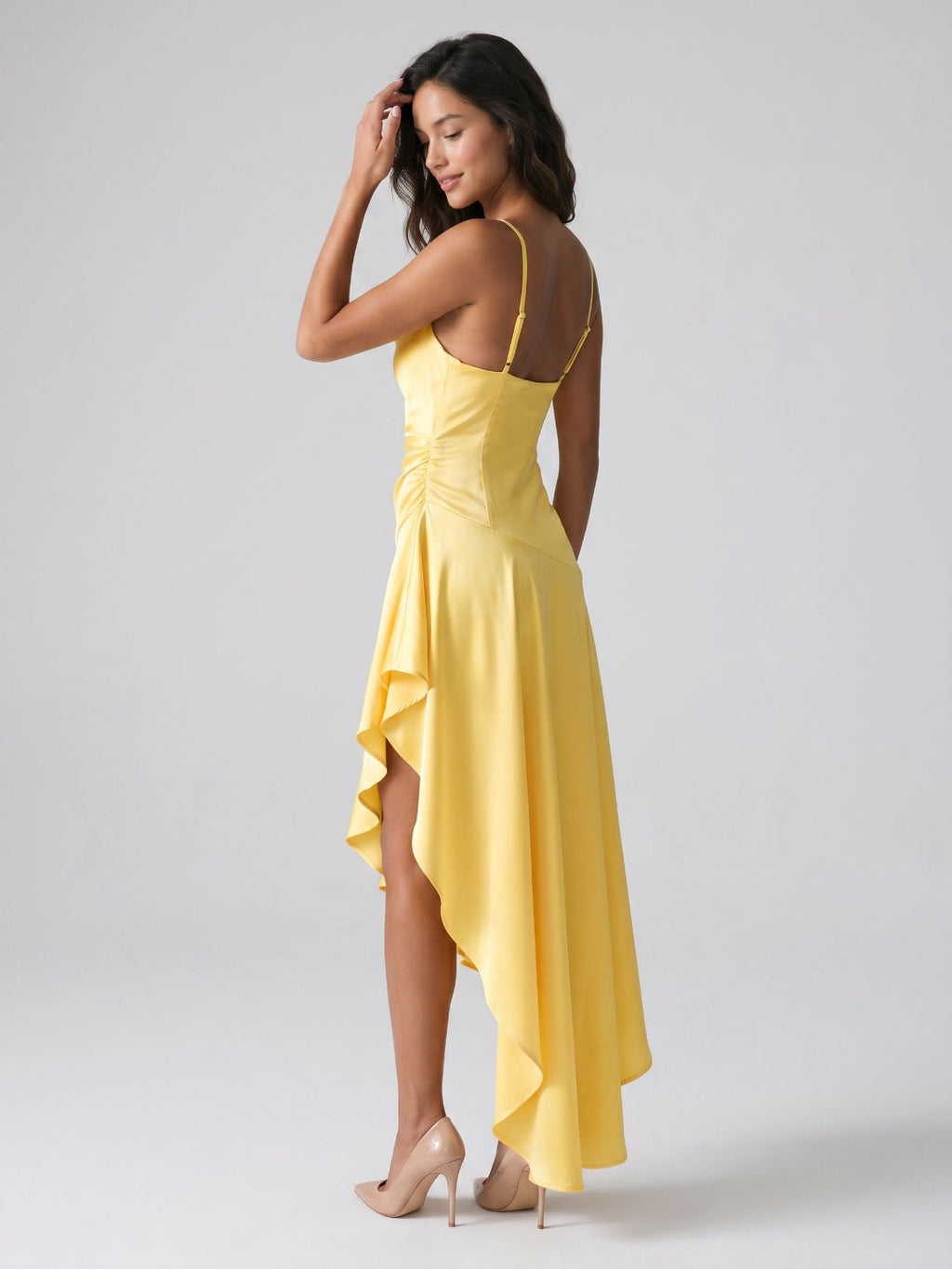 Daffodil Satin Sheath V-Neck Backless Asymmetrical Evening Dress - Curvevia