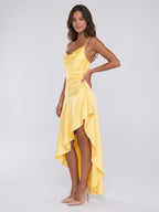 Daffodil Satin Sheath V-Neck Backless Asymmetrical Evening Dress - Curvevia