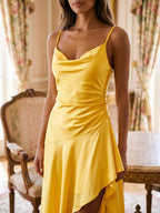 Daffodil Satin Sheath V-Neck Backless Asymmetrical Evening Dress - Curvevia