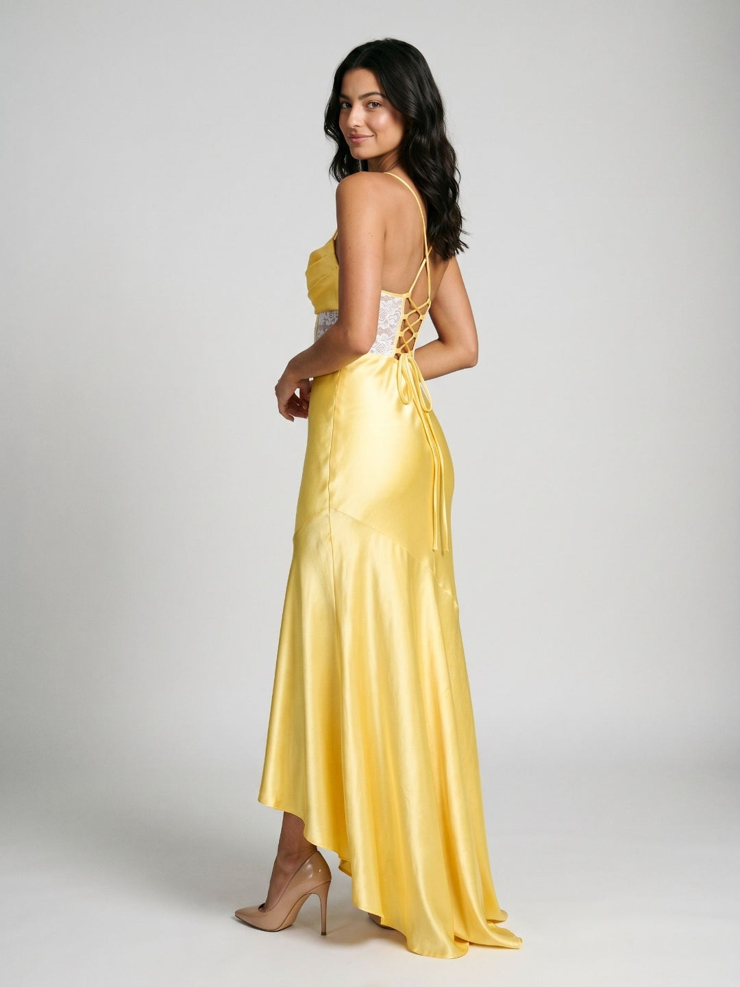 Daffodil Satin Trumpet Straight Criss-Cross Asymmetrical Dress - Curvevia