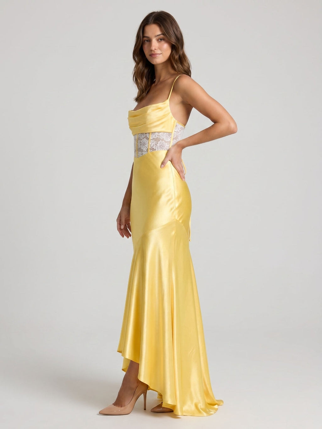 Daffodil Satin Trumpet Straight Criss-Cross Asymmetrical Dress - Curvevia