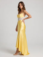 Daffodil Satin Trumpet Straight Criss-Cross Asymmetrical Dress - Curvevia