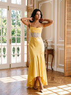 Daffodil Satin Trumpet Straight Criss-Cross Asymmetrical Dress - Curvevia