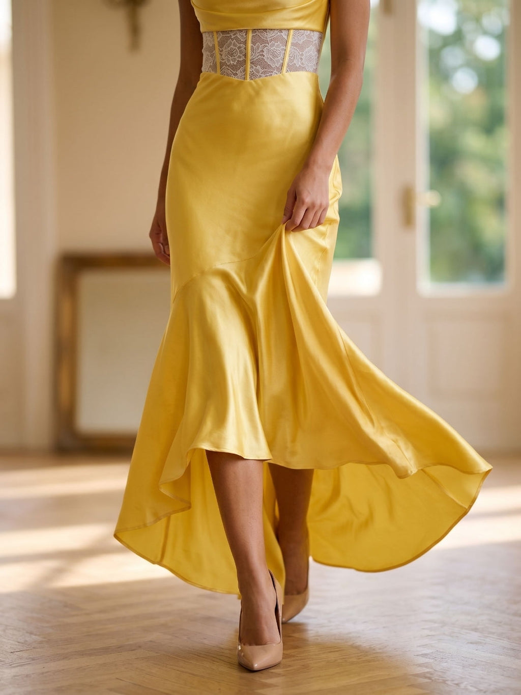 Daffodil Satin Trumpet Straight Criss-Cross Asymmetrical Dress - Curvevia