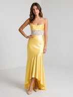 Daffodil Satin Trumpet Straight Criss-Cross Asymmetrical Dress - Curvevia