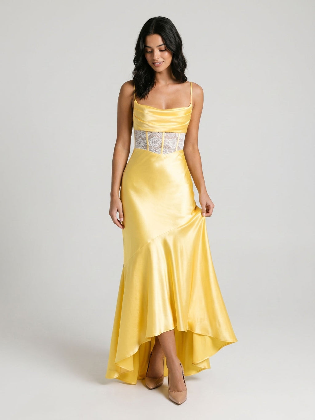 Daffodil Satin Trumpet Straight Criss-Cross Asymmetrical Dress - Curvevia
