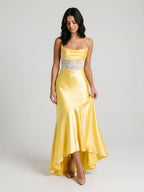 Daffodil Satin Trumpet Straight Criss-Cross Asymmetrical Dress - Curvevia