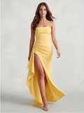Daffodil Stretch Knit Sheath Straight Neck Back Zip Ankle-Length Bridesmaid Dress with Ruffle - Curvevia
